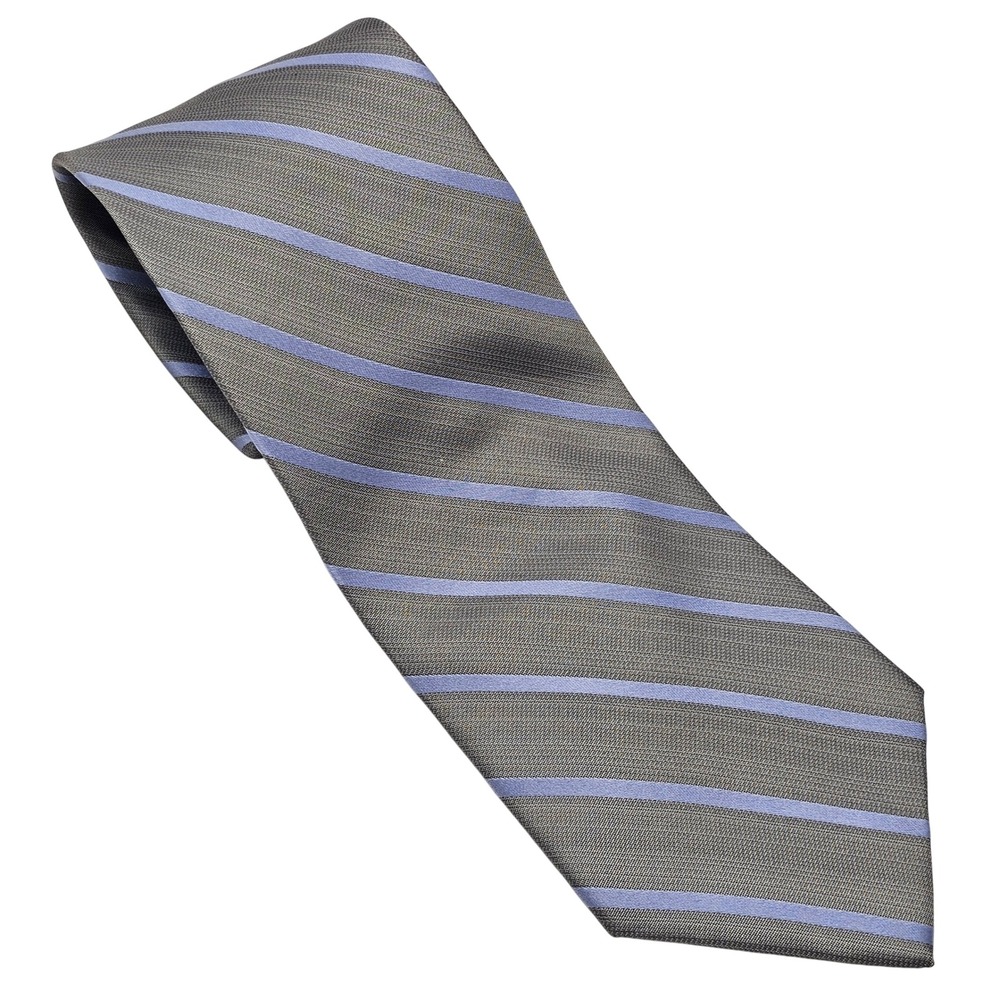 Beau Brummel Soho Mens Silk Tie Grey Blue Striped Hand Made Necktie Office NWT